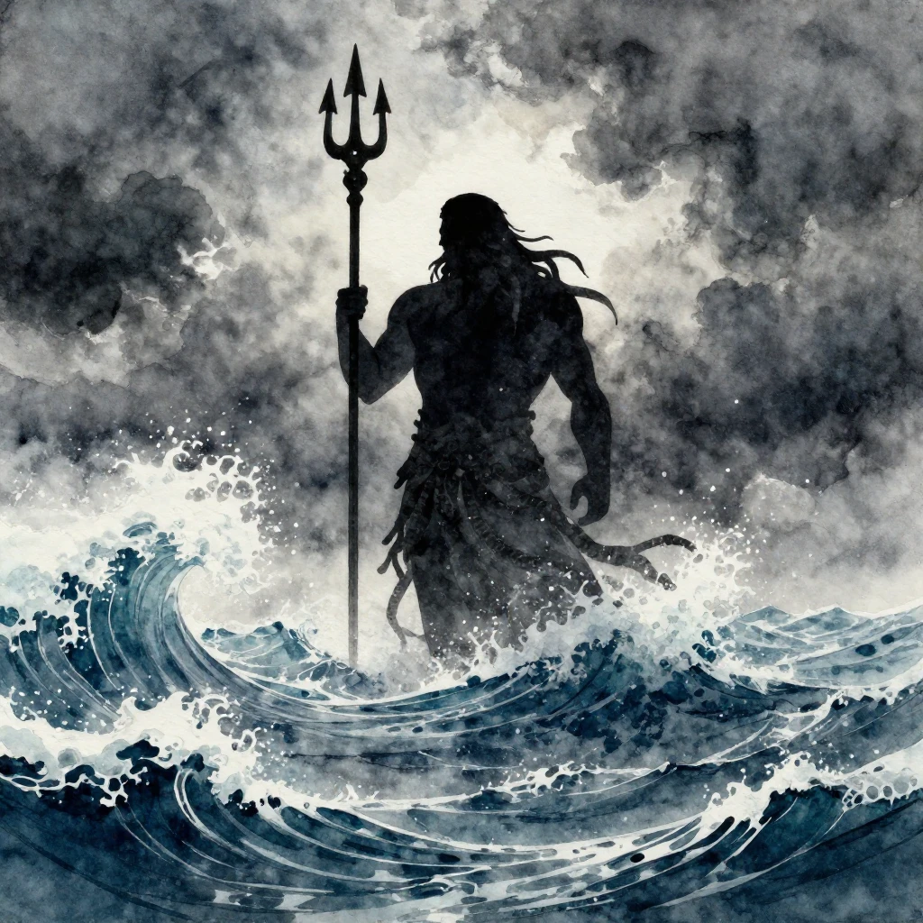 Watercolor painting of a silhouette of a mighty mythical sea...