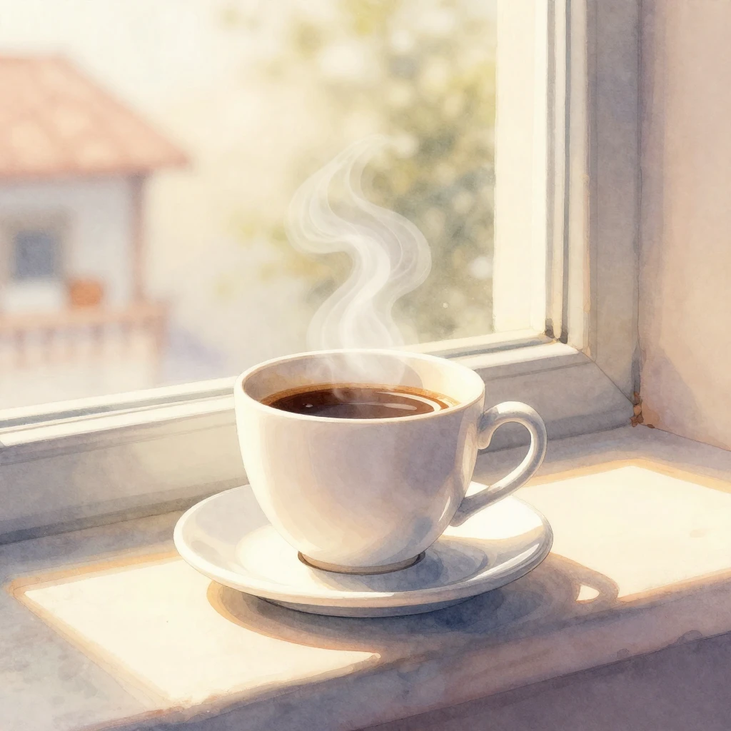 A warm, soft-focus watercolor illustration of a steaming cof...