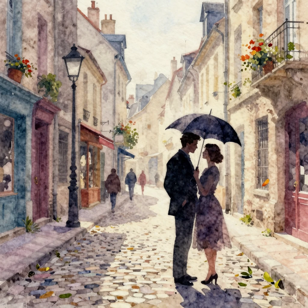 Vibrant watercolor style. Vintage French street scene, roman...