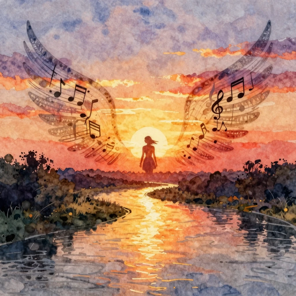 Vibrant watercolor style. A vibrant sunset over a winding ri...