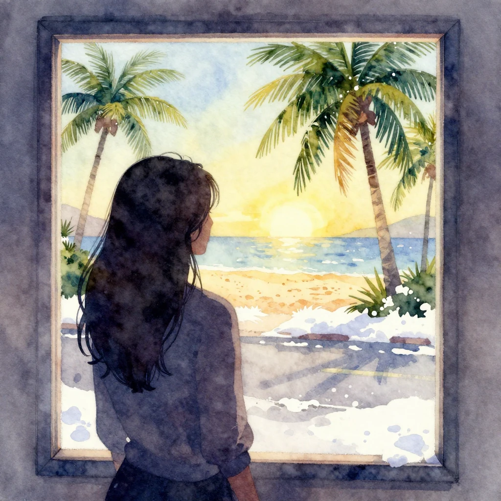 A watercolor painting of a woman's silhouette looking throug...