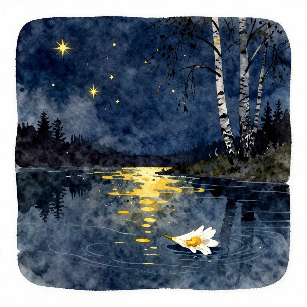 Vibrant watercolor style. Dark water, golden stars, a lone s...