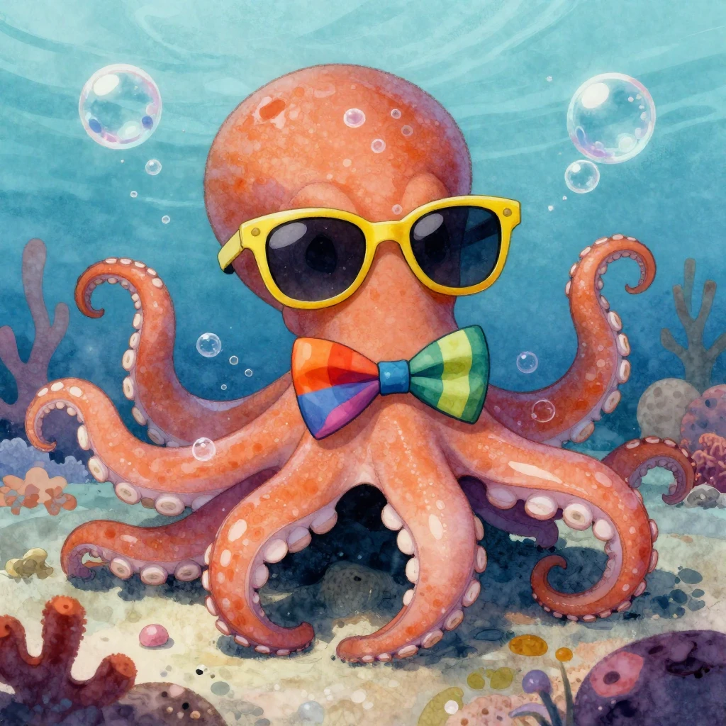 A funny cartoon octopus wearing bright sunglasses and a colo...