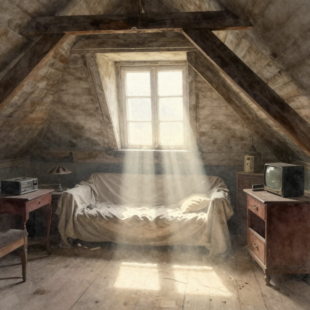 An atmospheric dusty attic scene, shafts of light filtering ...