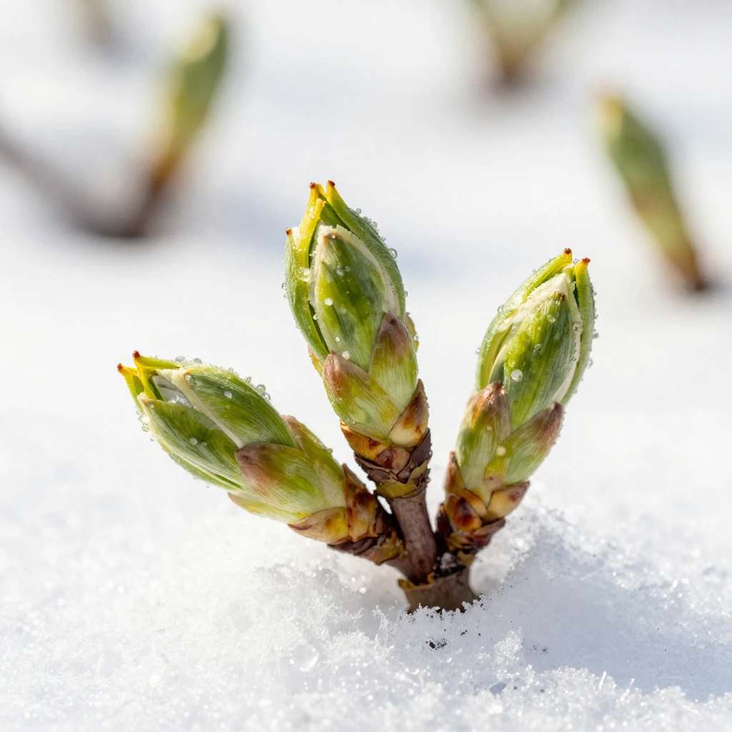 Watercolor style. Close-up of vibrant green spring buds emer...
