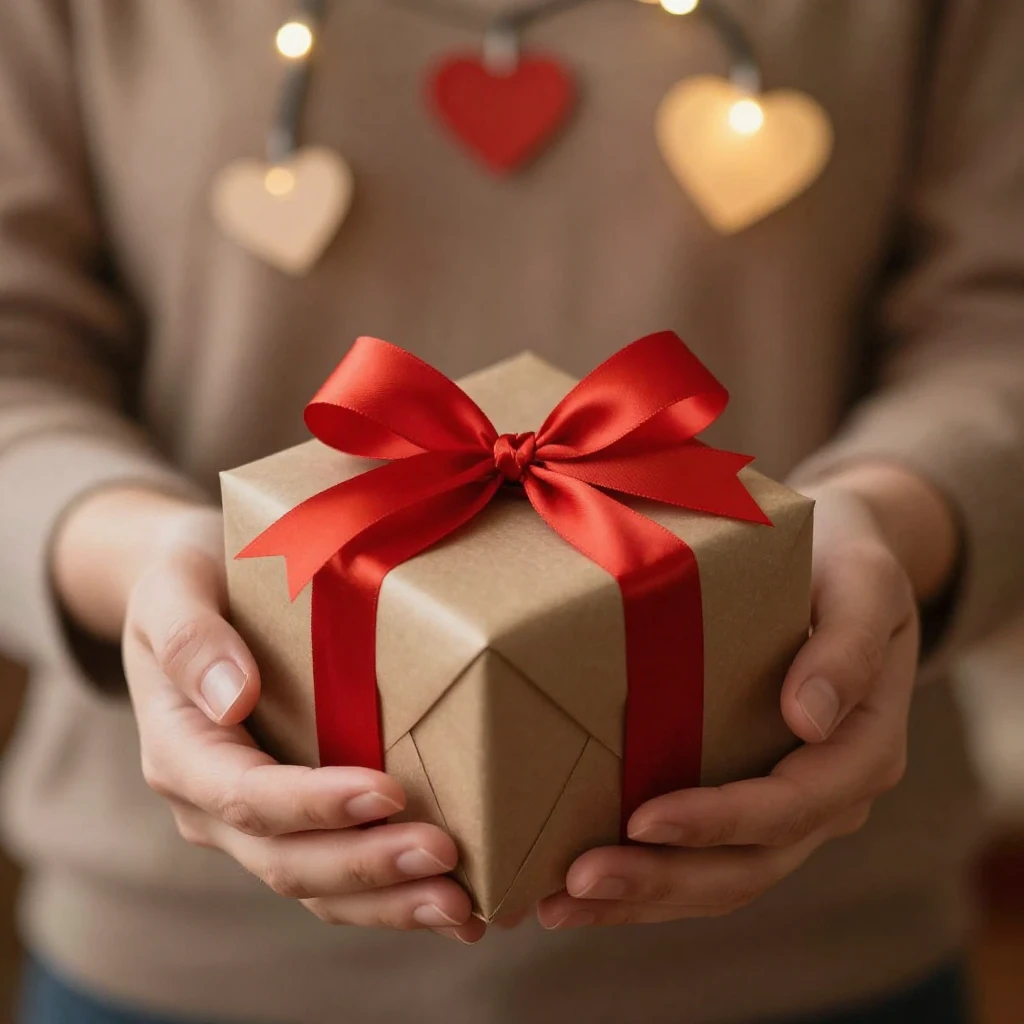 A beautifully wrapped gift box with a red ribbon, held gentl...