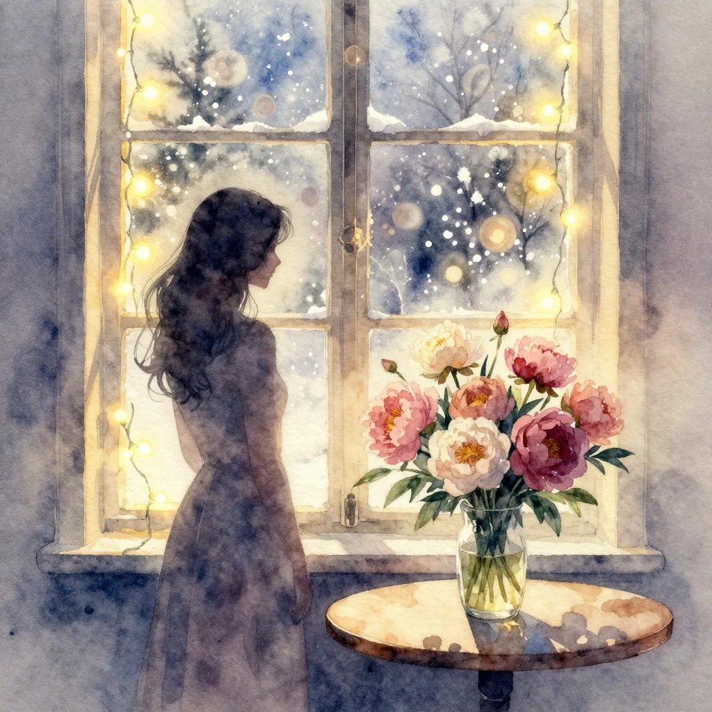 Watercolor painting of a winter window scene: silhouette of ...