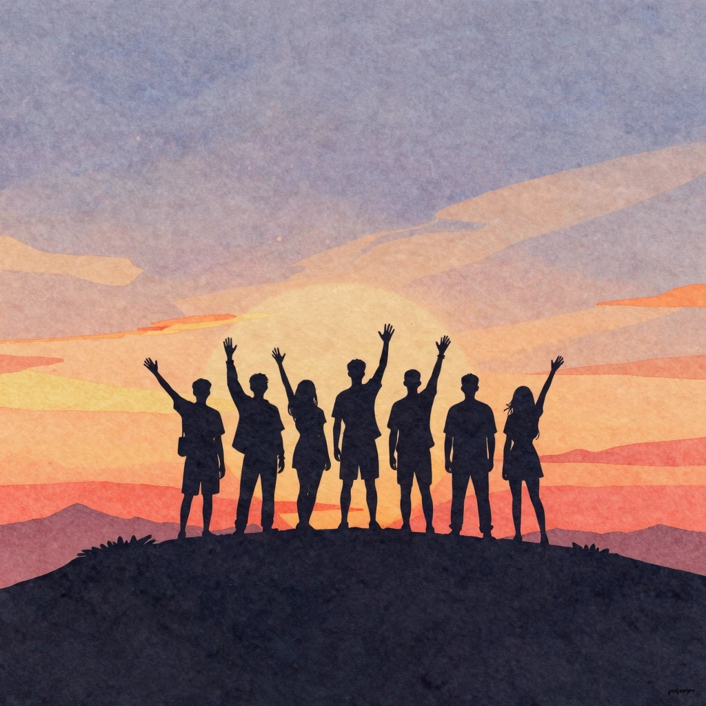 Watercolor style silhouette of a group of friends standing o...