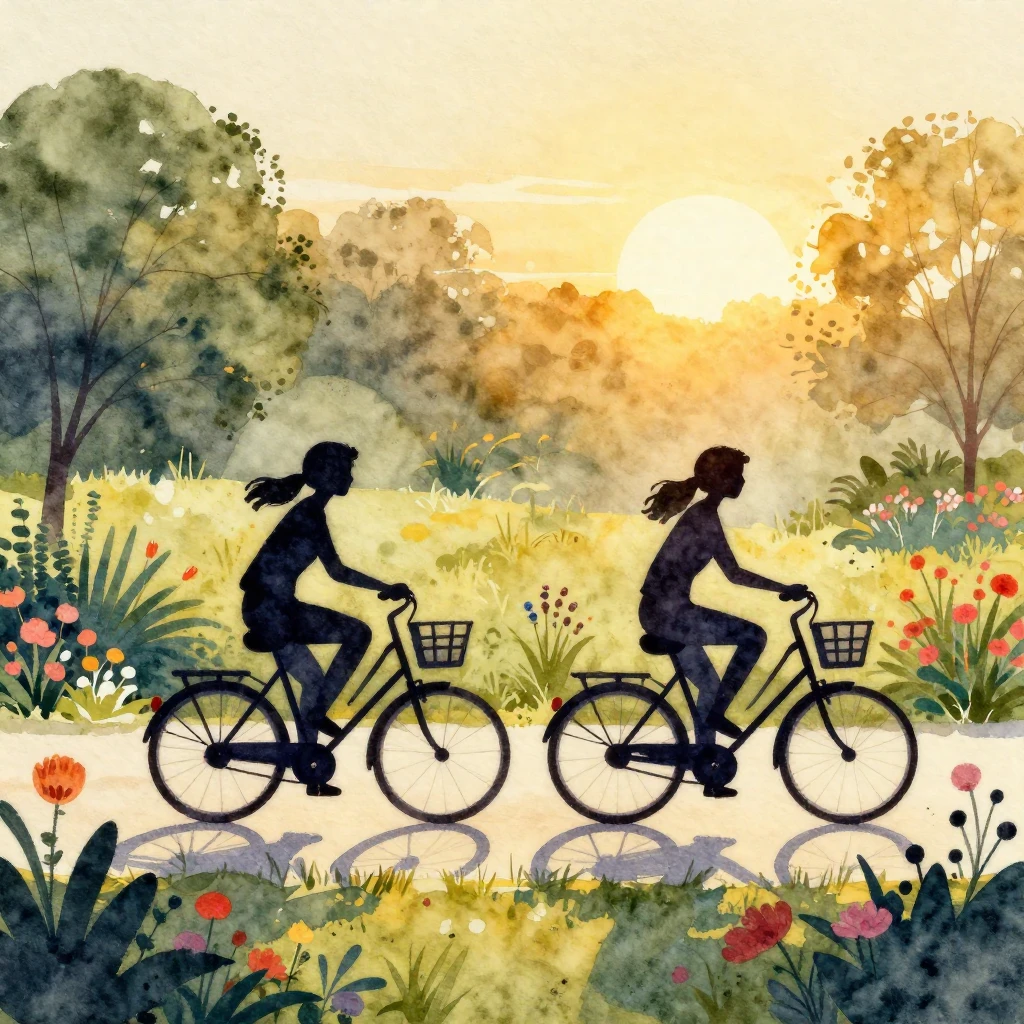 Watercolor painting of two friends as silhouettes on bicycle...