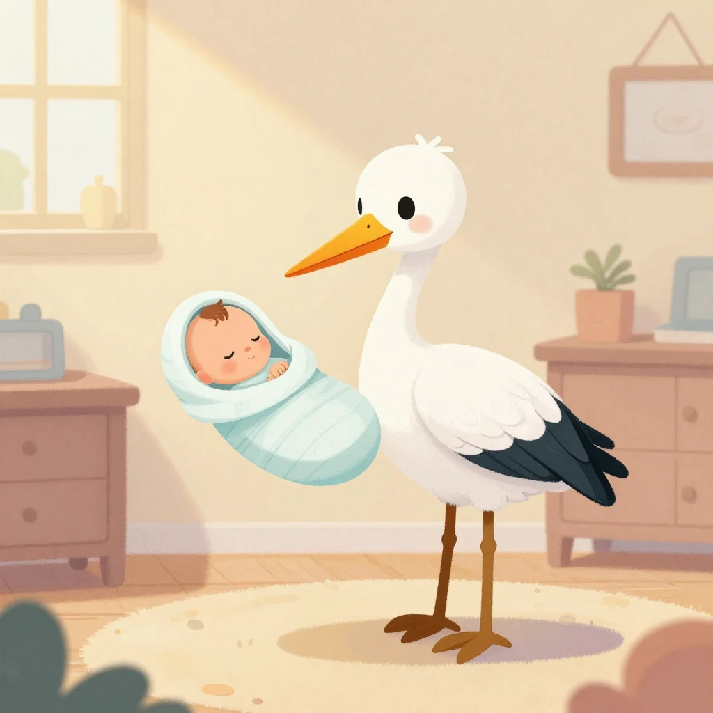 A whimsical illustration of a stork delivering a swaddled ba...