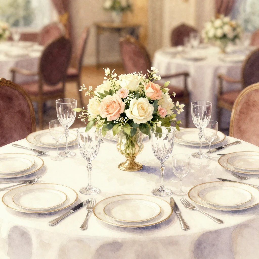 A watercolor illustration of an elegant dining table, set wi...