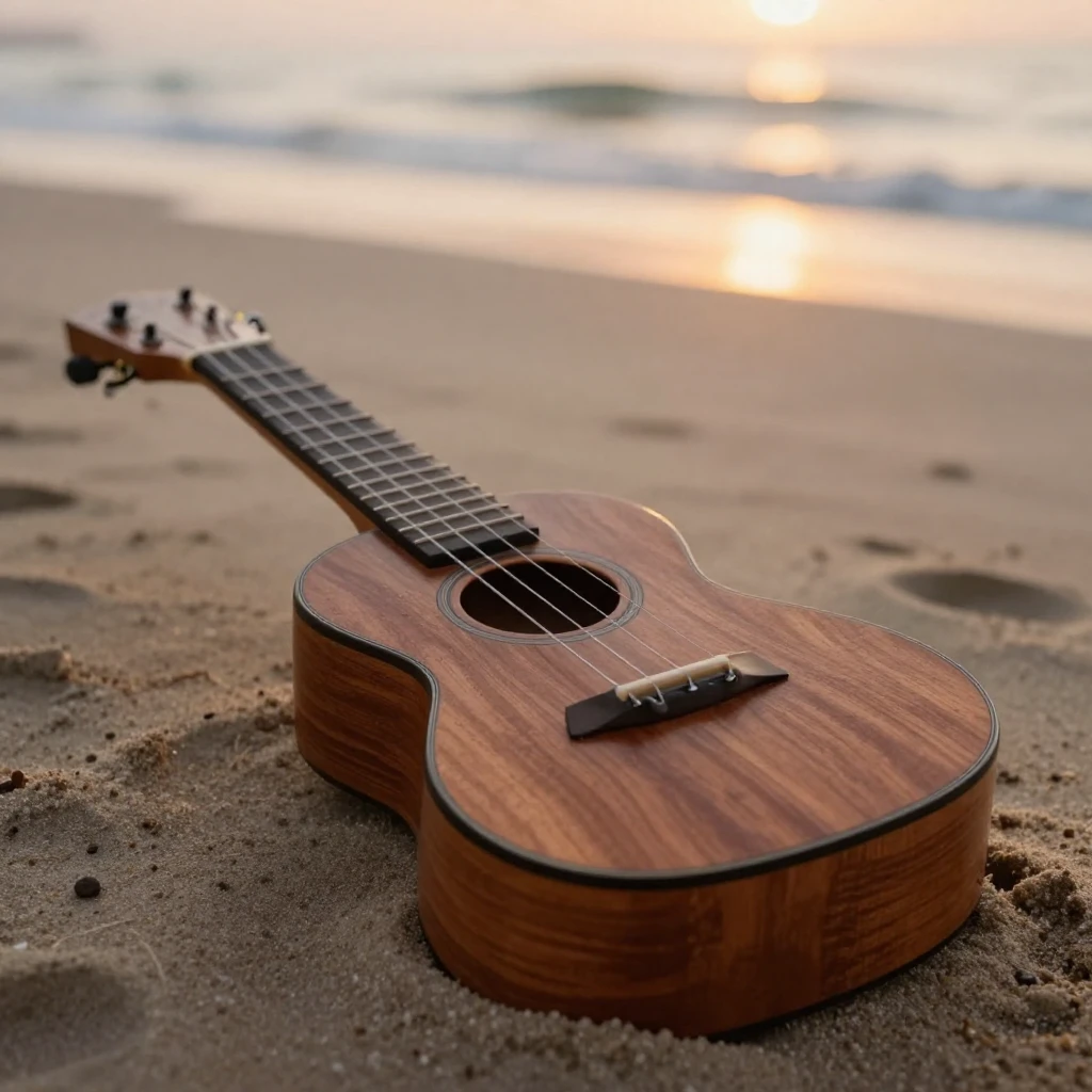 A close-up of a beautifully crafted wooden ukulele resting o...