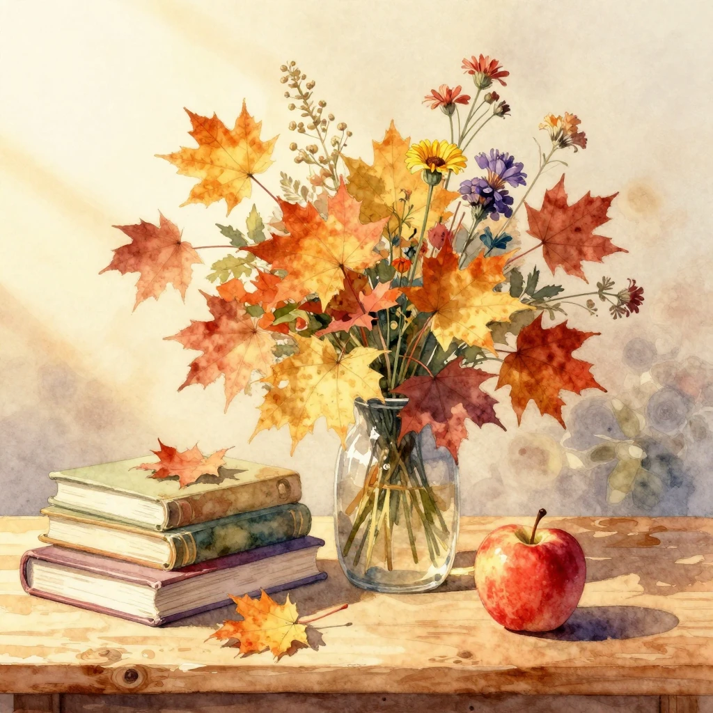 Watercolor painting of a bouquet of maple leaves and wildflo...