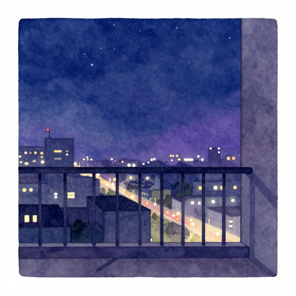A minimalist watercolor painting of a balcony view at night,...