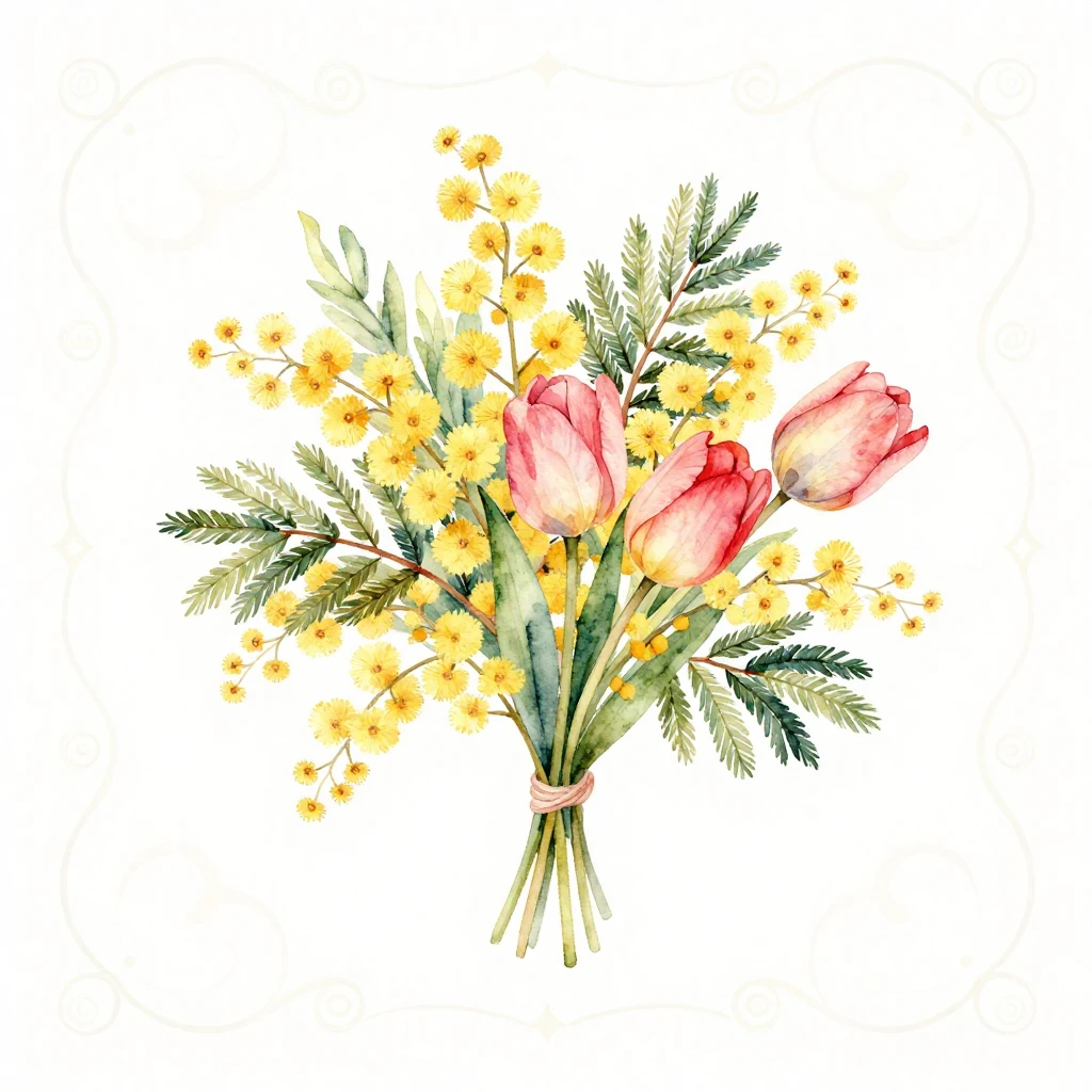 A delicate watercolor painting featuring a bouquet of mimosa...