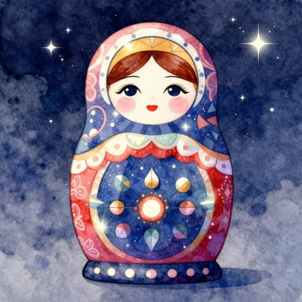 A vibrant, modern matryoshka doll, stylized and abstract, wi...