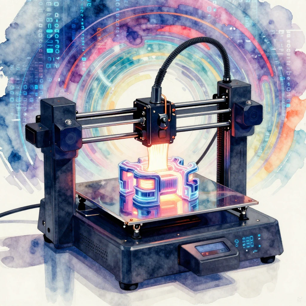 A sleek 3D printer in action, extruding glowing filament lay...