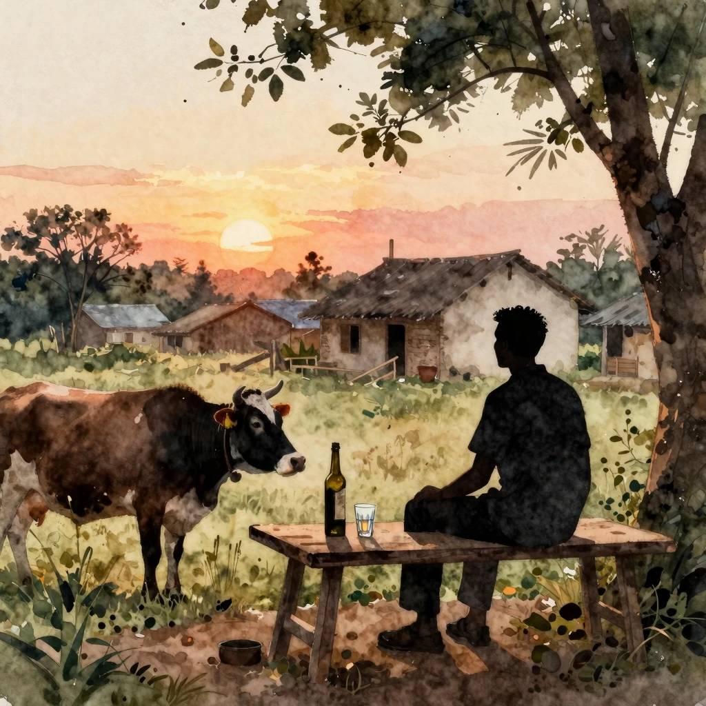 Watercolor style. A silhouette of a man sitting on a wooden ...