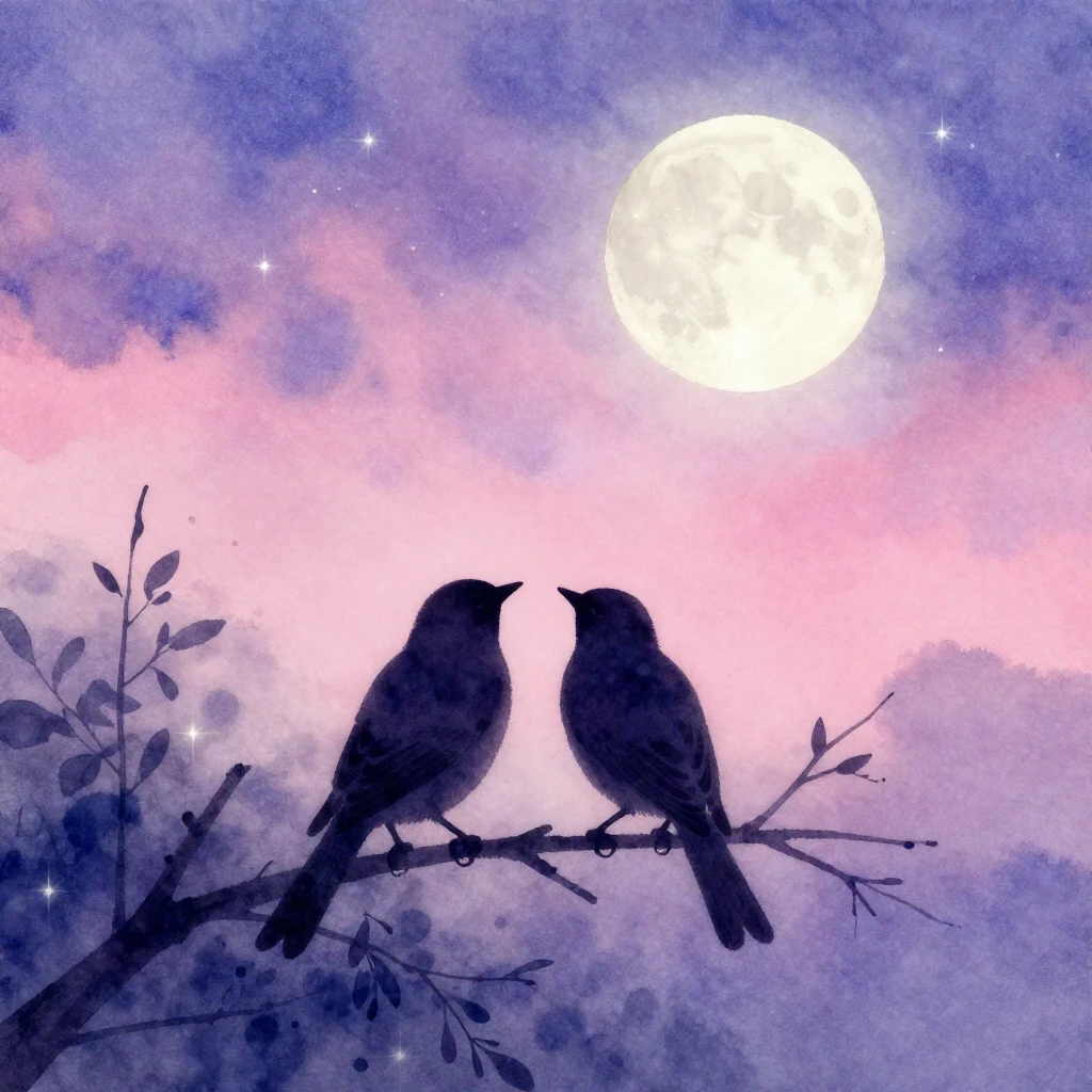 A soft watercolor painting of two silhouetted birds perched ...
