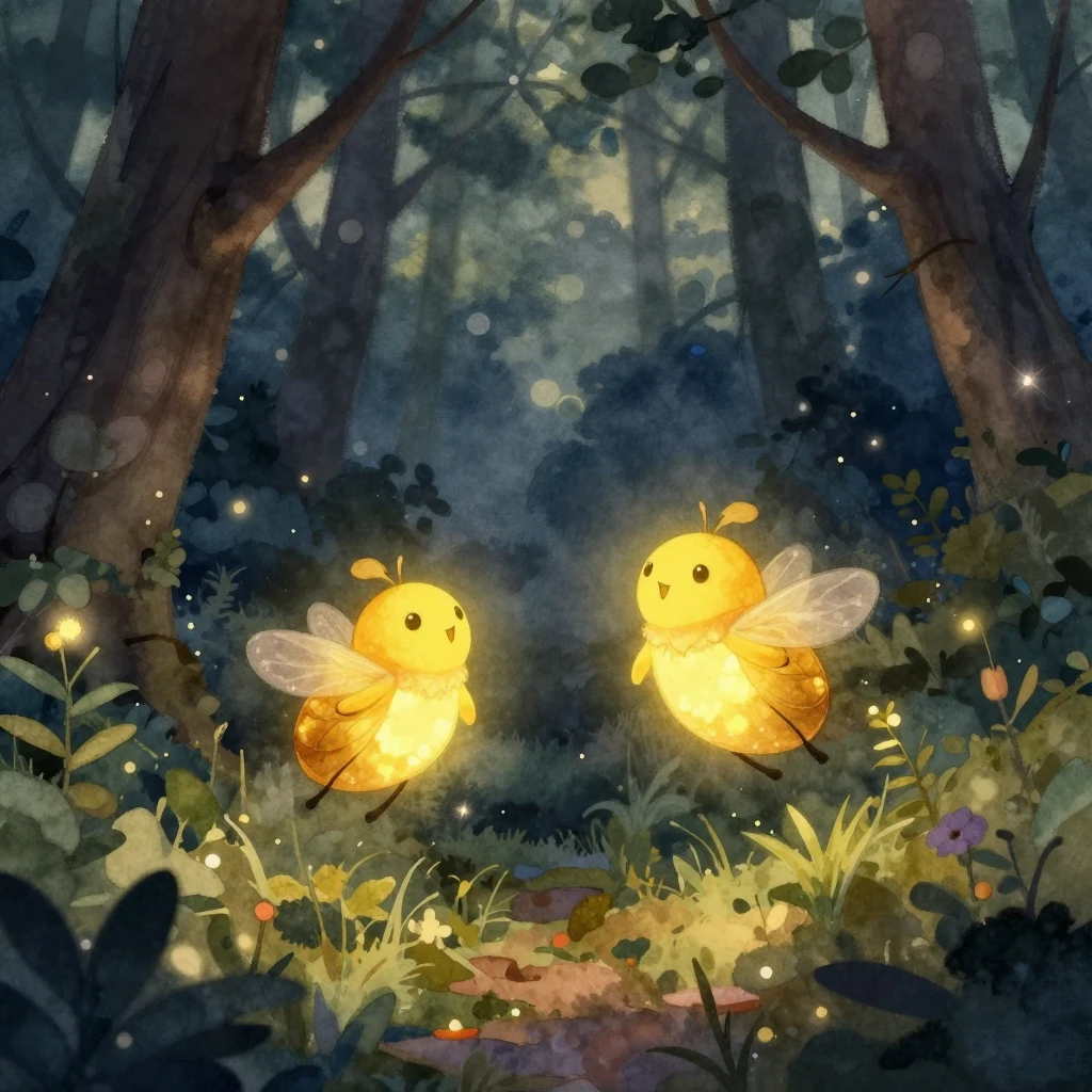 Watercolor style. Two glowing fireflies dancing in a magical...