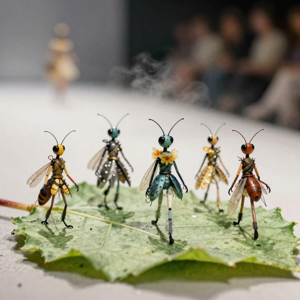 A miniature fashion show featuring tiny, elegant insects wea...