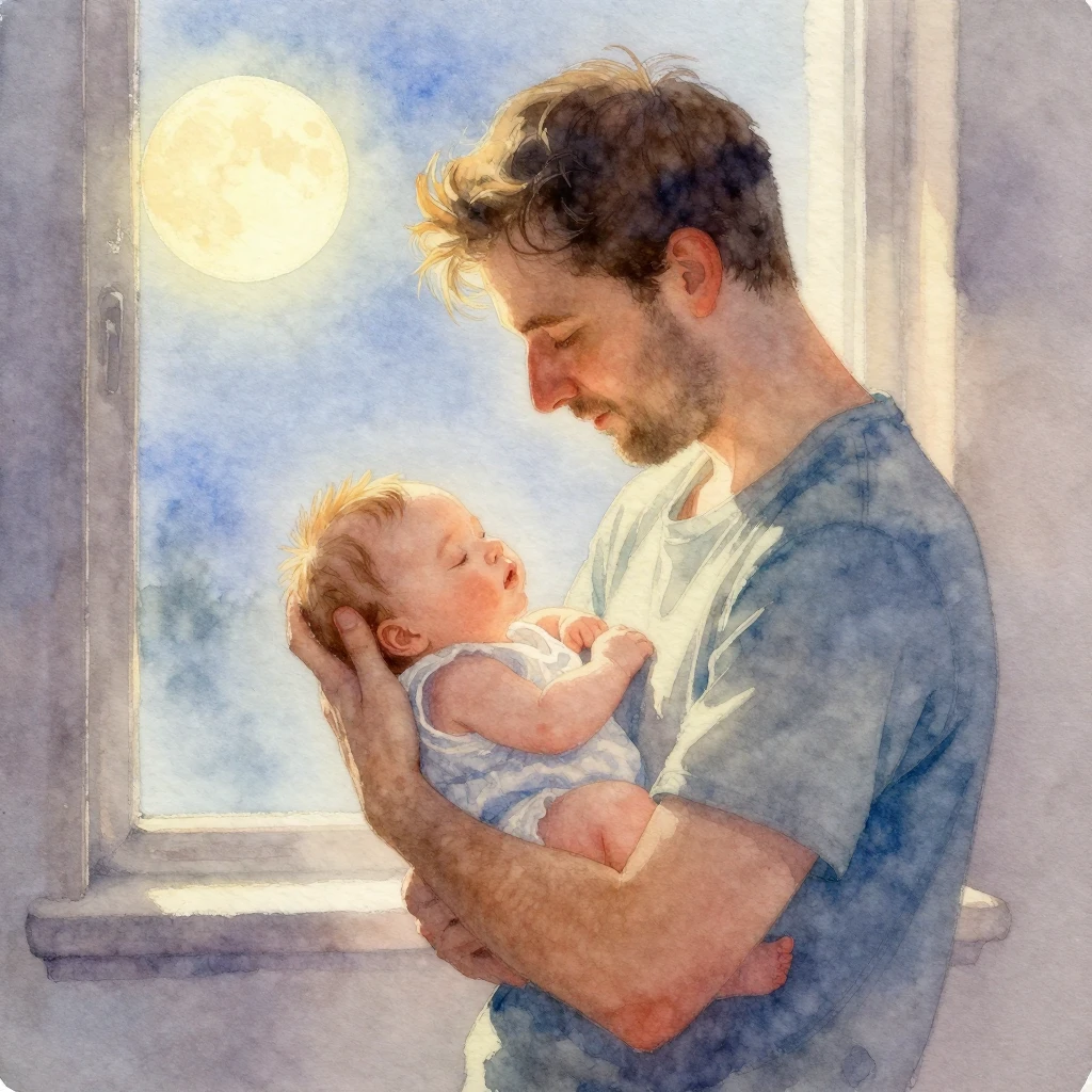 A watercolor painting of a father gently holding a sleeping ...