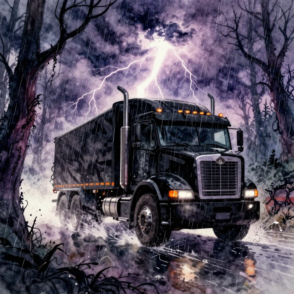 Vibrant watercolor style. A powerful truck, a 'black beast,'...