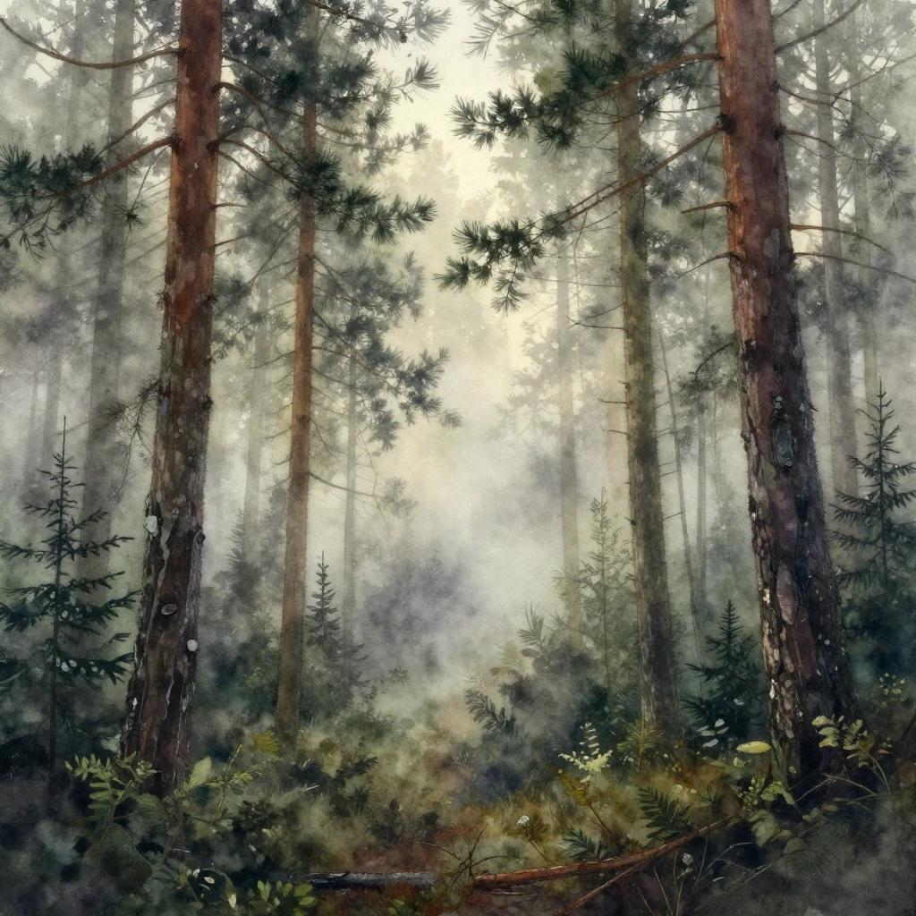 A watercolor painting of a deep, ancient forest enveloped in...