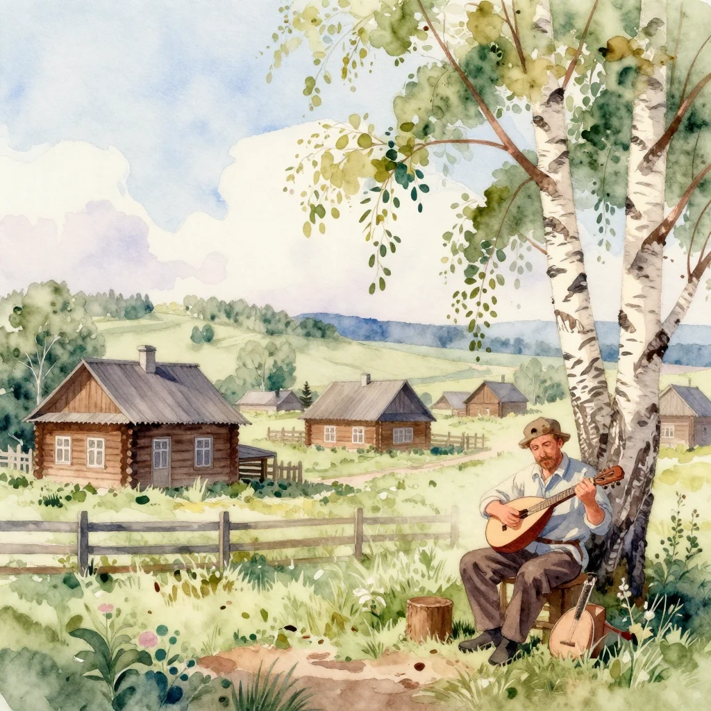 Watercolor painting of a rural Russian village scene with wo...
