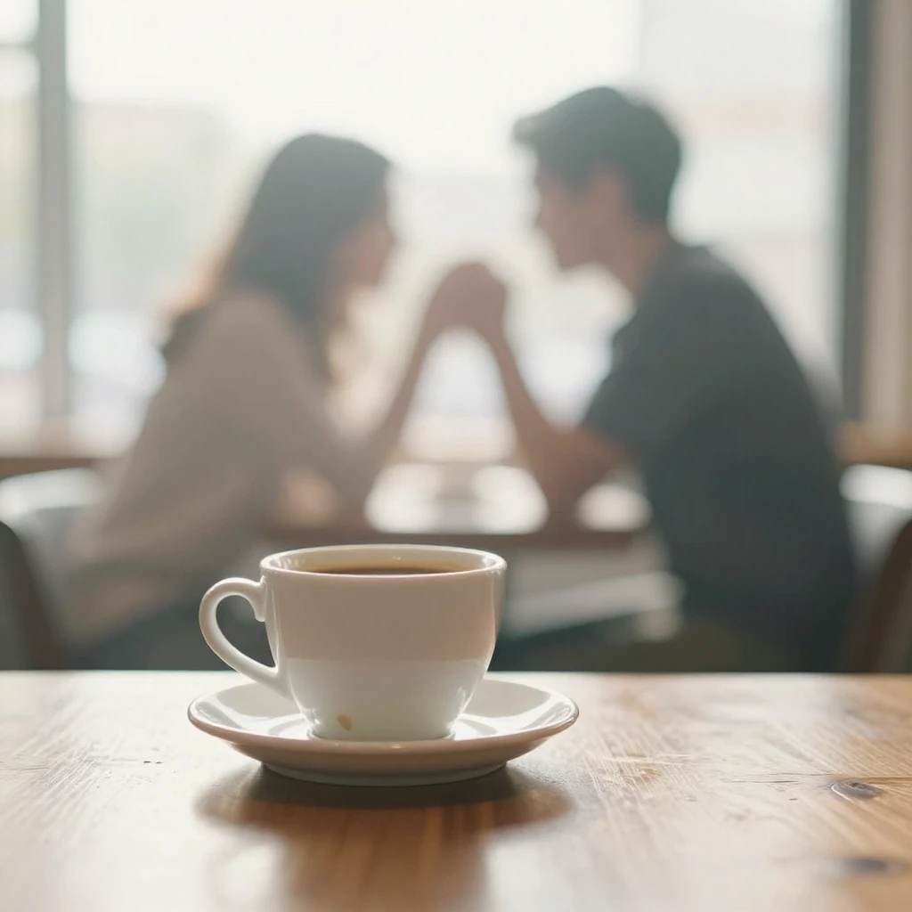A lonely coffee cup, slightly spilled, on a wooden table in ...