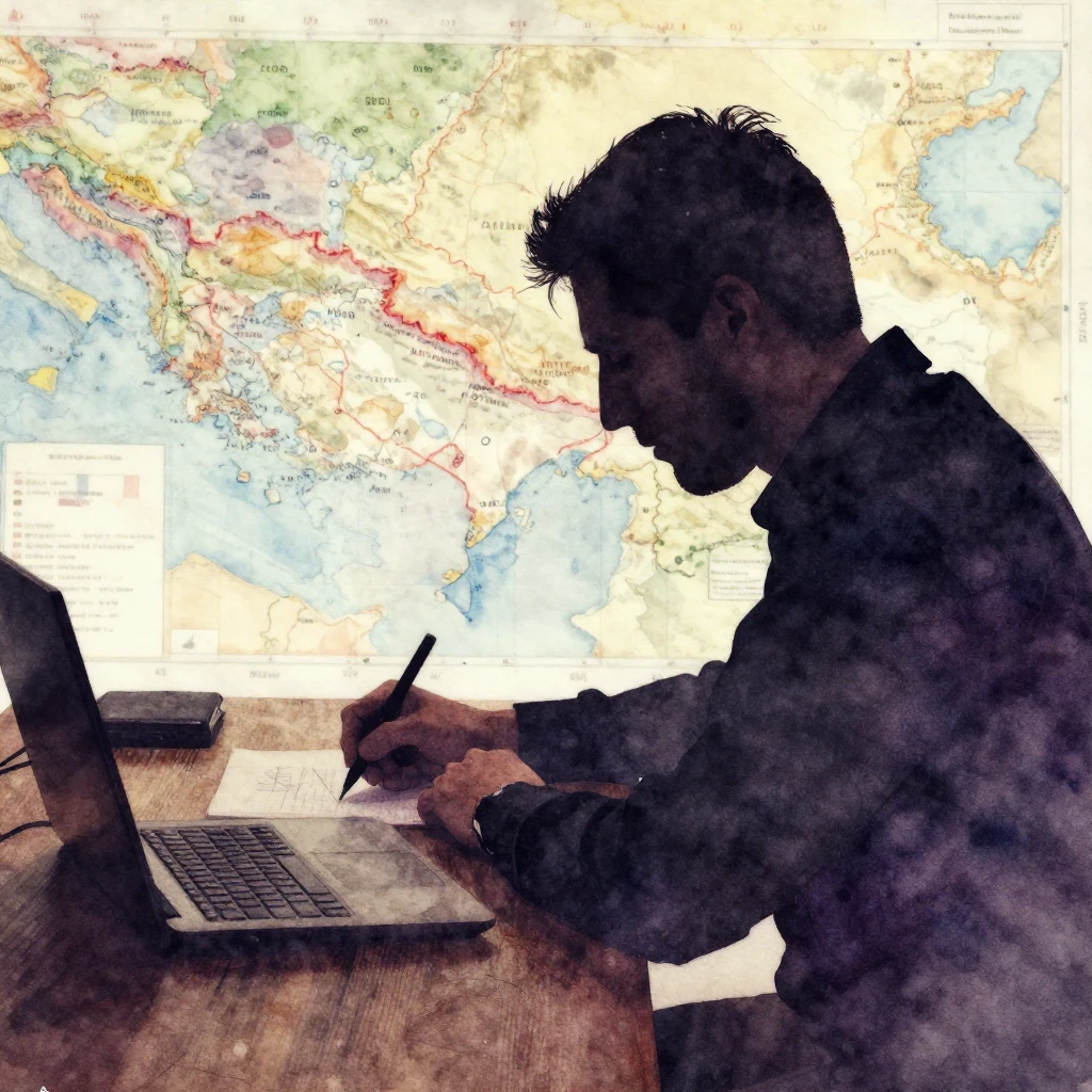 Vibrant watercolor style. A silhouette of a man writing at a...