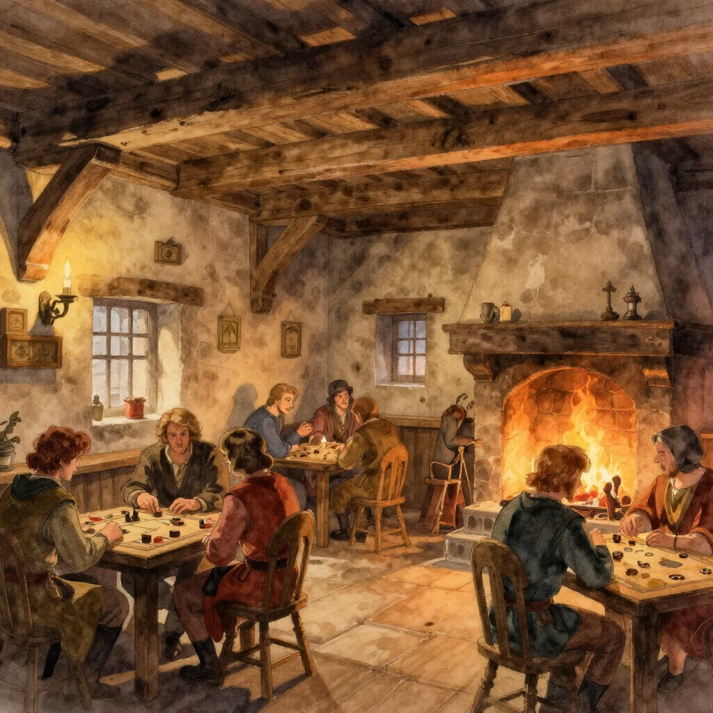 A warm, yet slightly mysterious medieval tavern interior, wa...