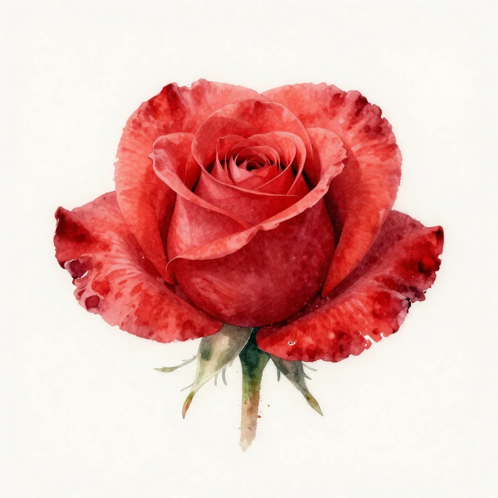 A single, vibrant red rose with delicate petals, painted in ...