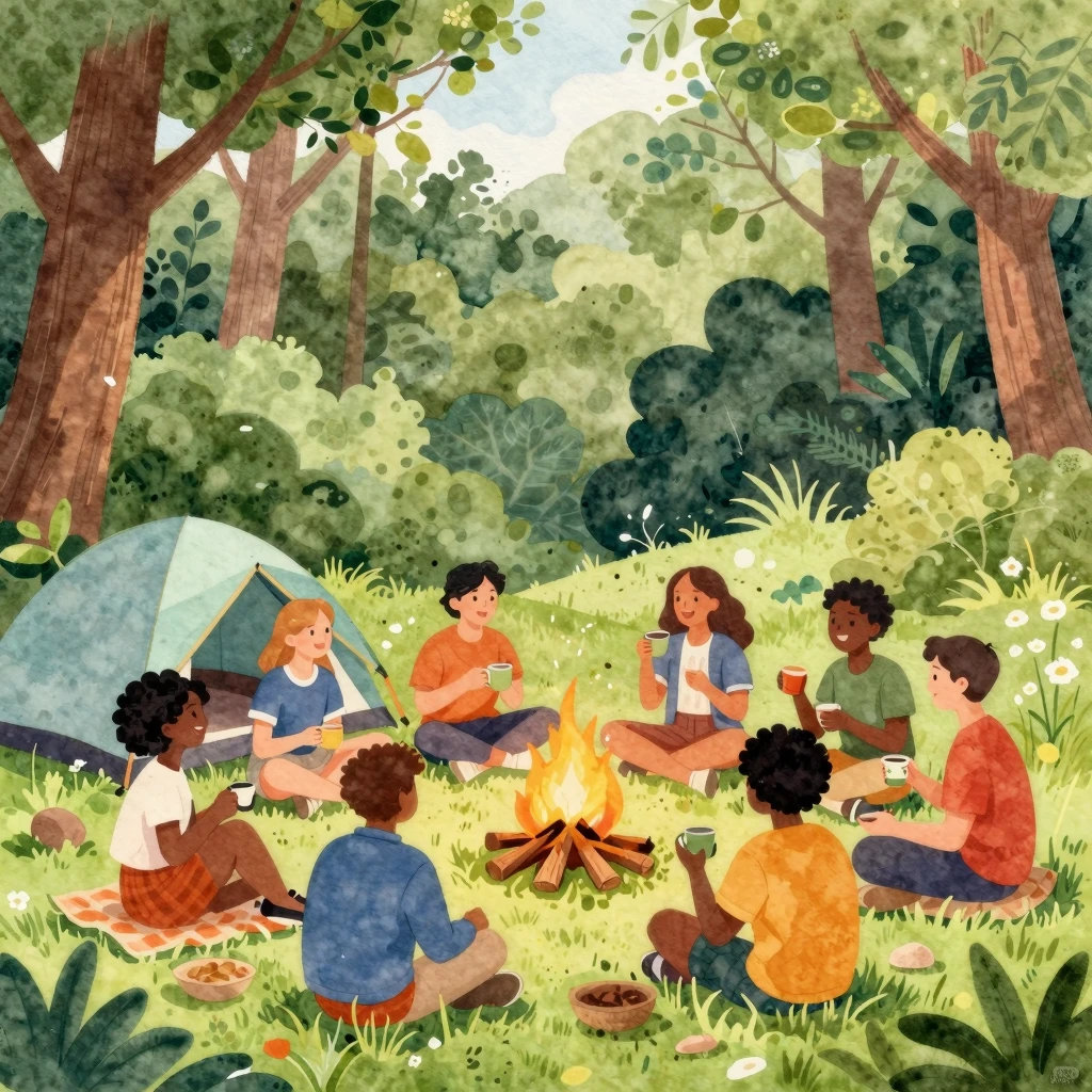 A vibrant watercolor painting of a diverse group of young pe...
