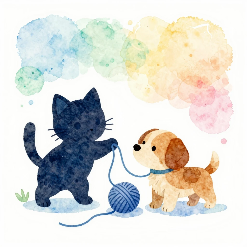 Watercolor style. A cute silhouette of a kitten and a puppy ...