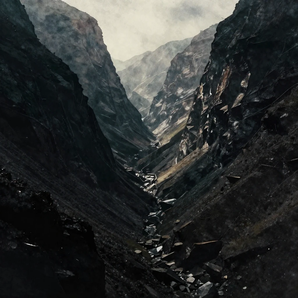 A dark, mysterious valley landscape with rugged terrain, dee...