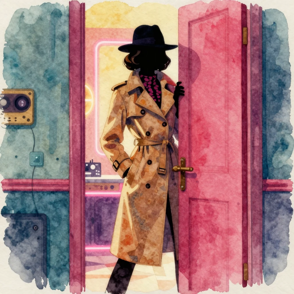 Vibrant watercolor style. 70s fashion art: silhouette of a w...