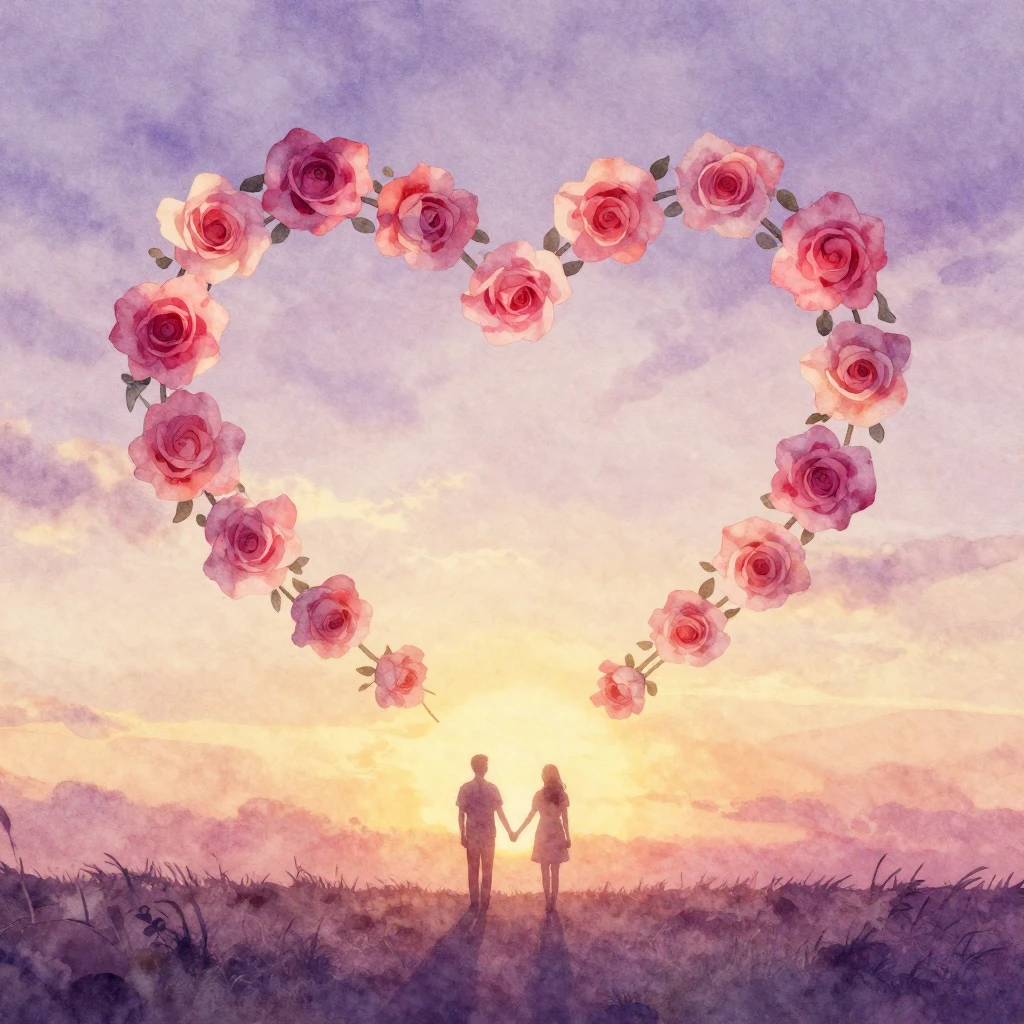 A dreamy watercolor painting of a subtle silhouette of a cou...