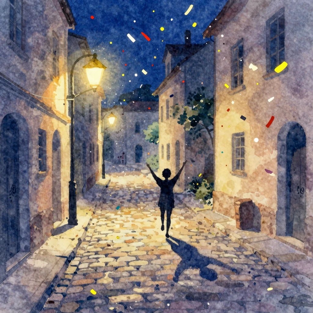 Vibrant watercolor illustration of a winding, cobblestone st...