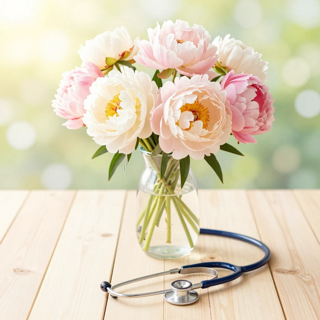 Bright cheerful still life, pastel peonies in a vase, stetho...