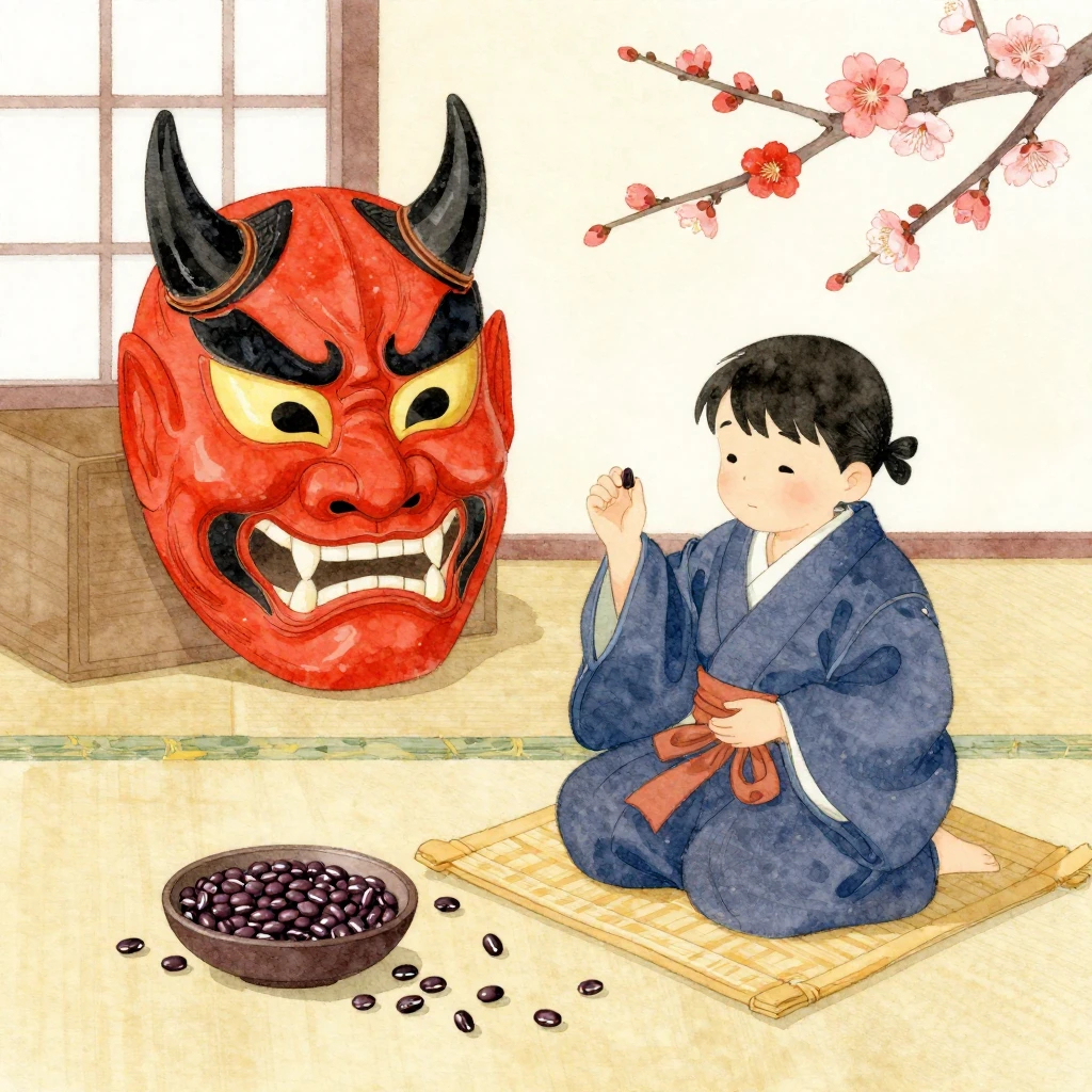 A traditional Japanese Setsubun scene with scattered beans, ...