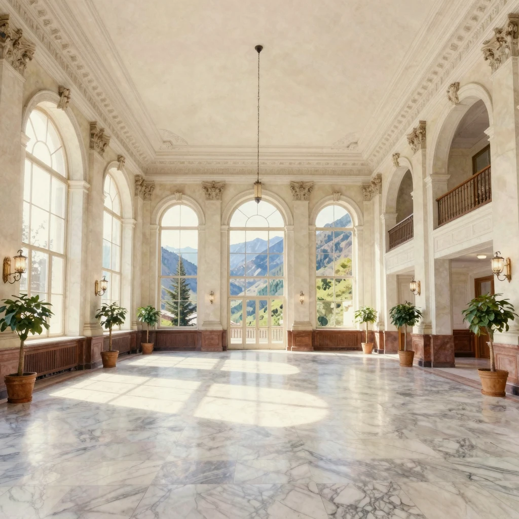 Interior of a 19th-century grand sanatorium hall with high c...