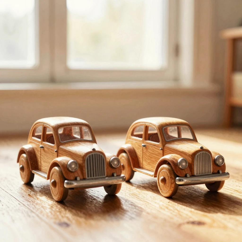 Eye-level shot of two identical vintage wooden toy cars plac...