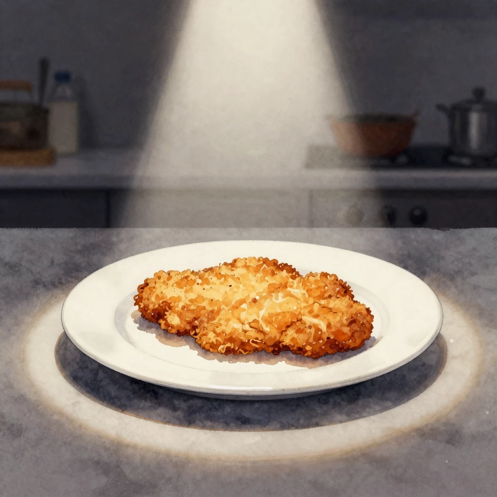 Watercolor painting of a single, golden schnitzel, appearing...