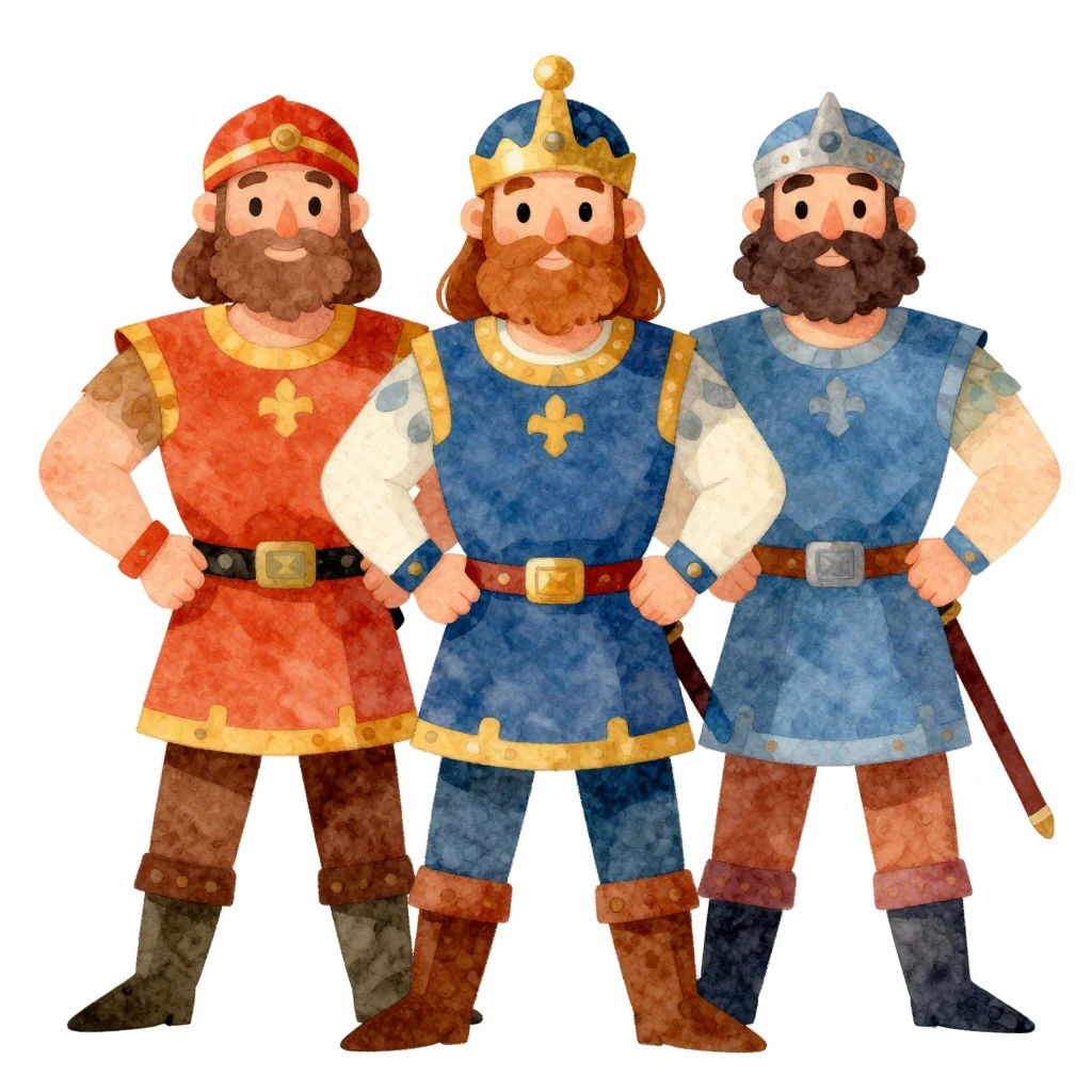 Three cartoonish, brave Russian bogatyrs (knights) standing ...