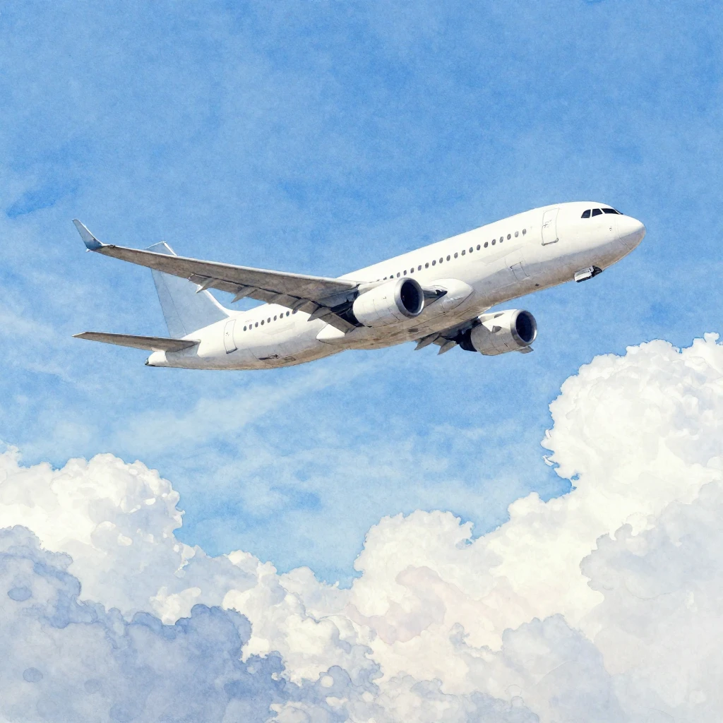 A vibrant watercolor painting of a passenger plane soaring g...