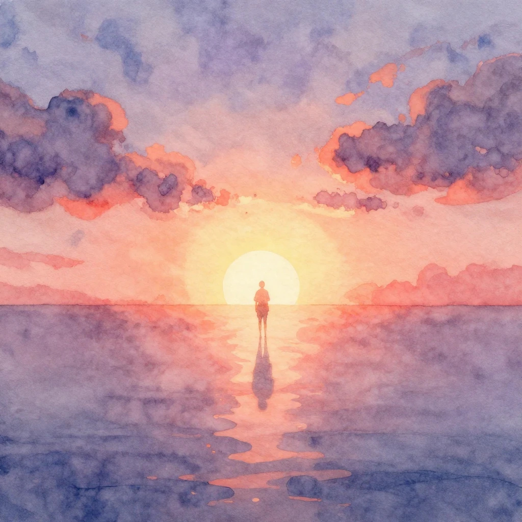 A vibrant watercolor style image focusing on a distant, glow...