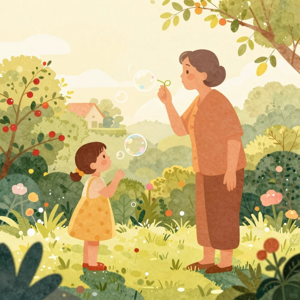 Watercolor style. A warm silhouette of a grandmother and a l...