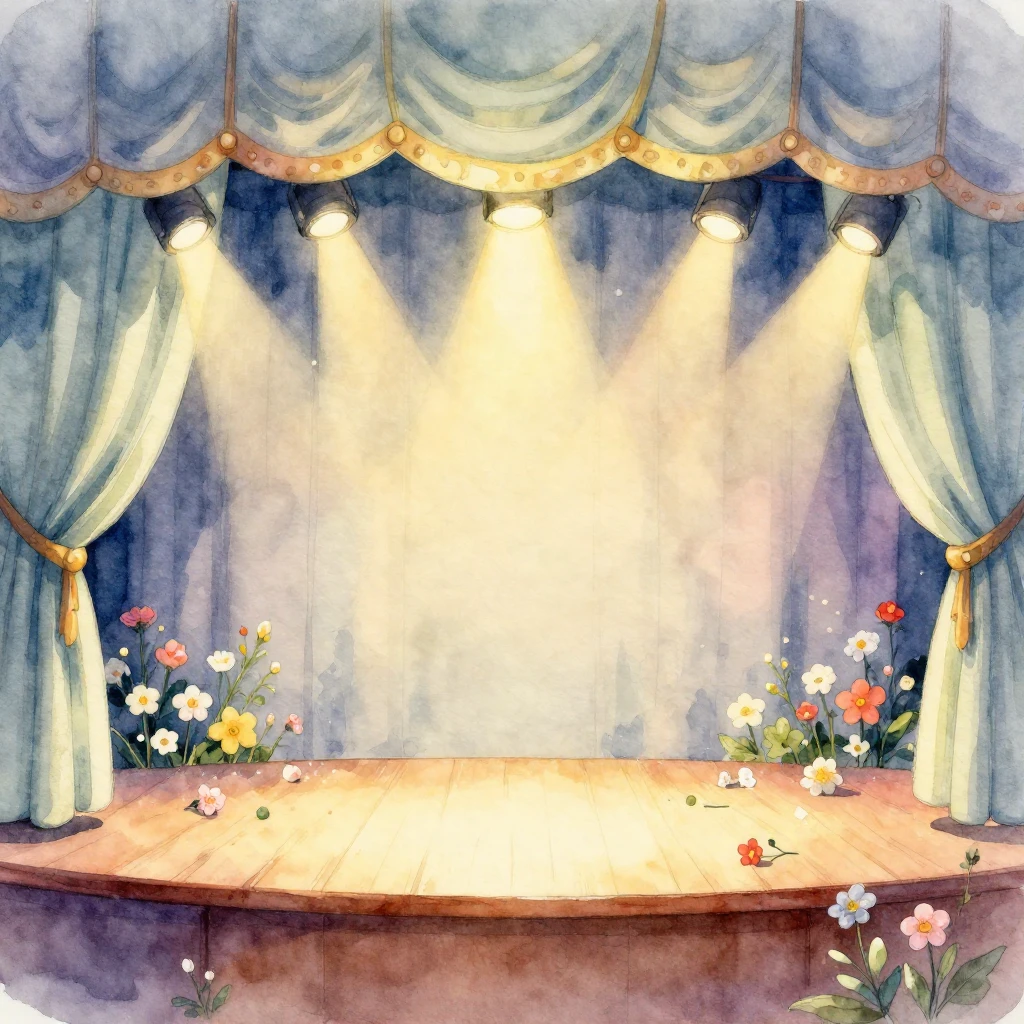 Watercolor painting of a beautifully decorated stage with so...