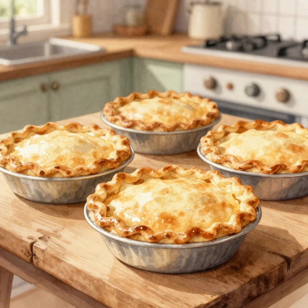 A close-up of freshly baked pies on a rustic wooden table in...